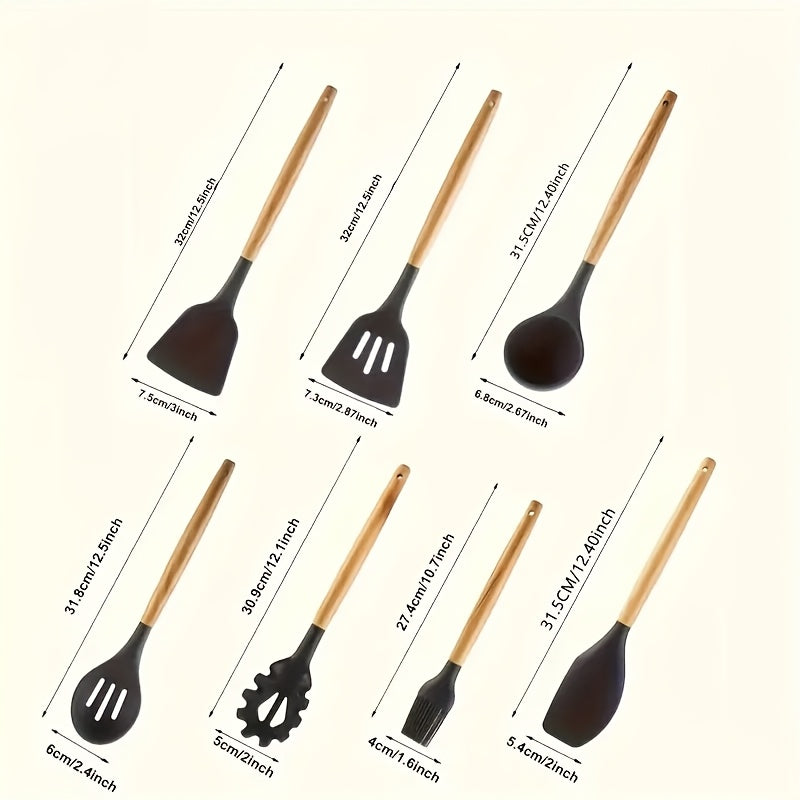 Silicone Cooking Utensil Set with Wooden Handles Non-Stick Heat Resistant Dishwasher Safe