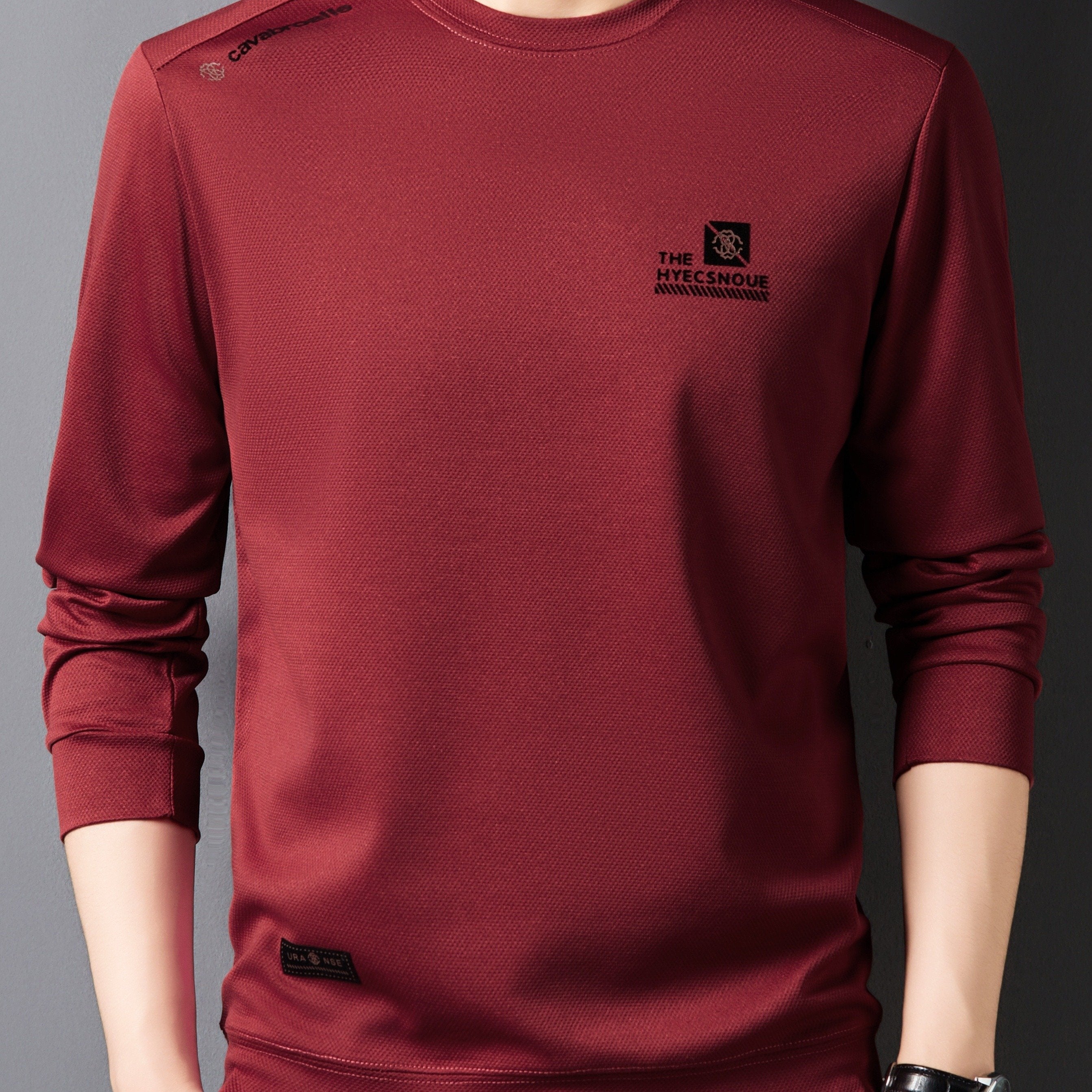 Men's Long Sleeve Crew Neck Sweatshirt with Chest Emblem Polyester Casual Autumn