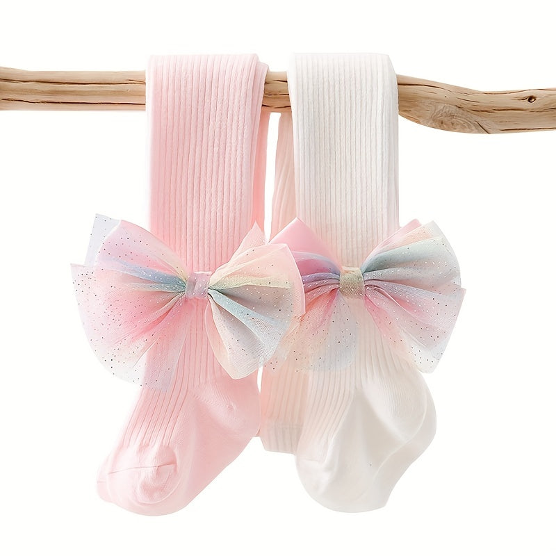 Girls Floret Patterned Pantyhose with Bow Tie Solid Knit Base Layer for Toddlers in Spring and Autumn