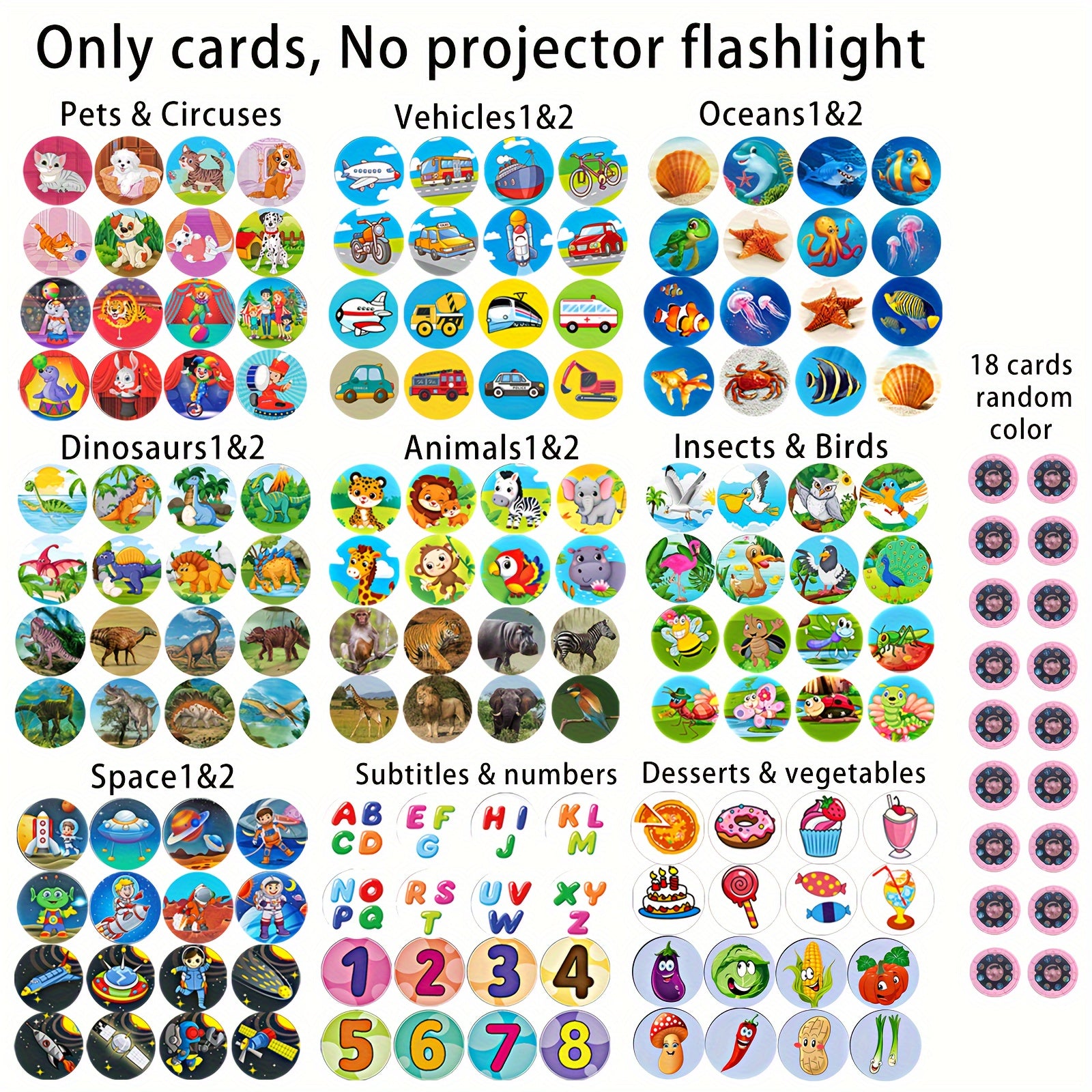 Projection Flashlight Cards for Kids 3+ with 144 Patterns in Animal Vehicles Dinosaurs Ocean Birds