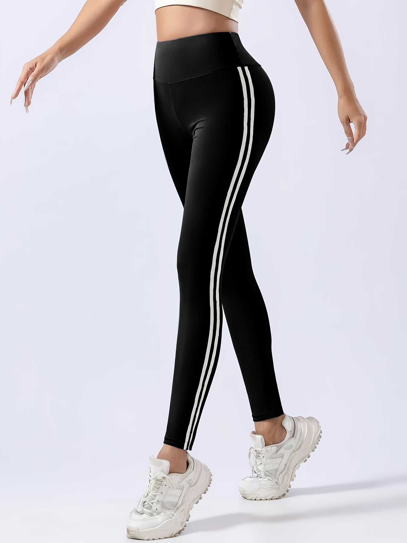 Women's Black High-Waist Leggings with White Side Stripes Tummy Control Butt Lift Breathable Fabric