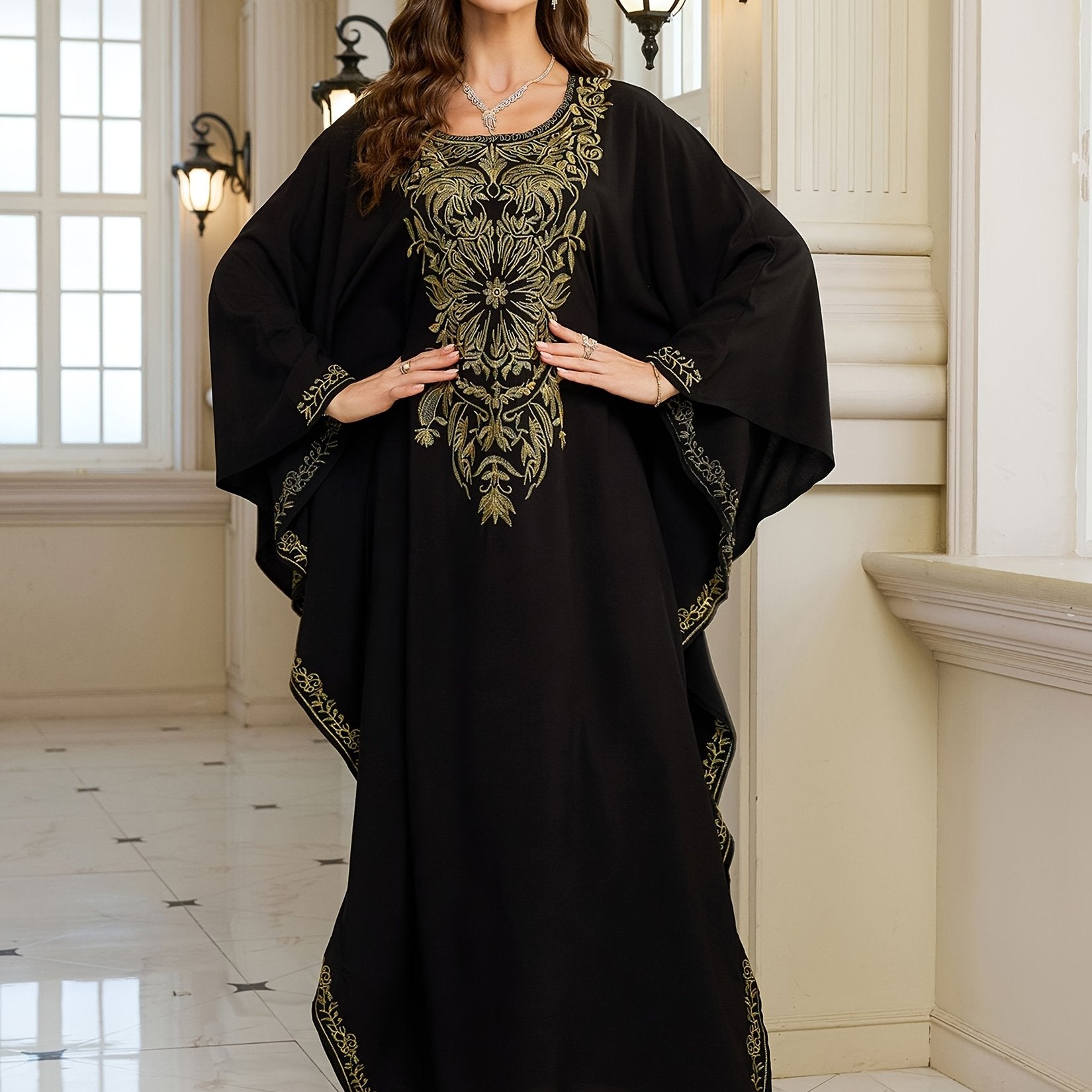 Women's Plus Size Floral Embroidered Kaftan Cover-Up Dress Black Loose Fit Batwing Sleeves