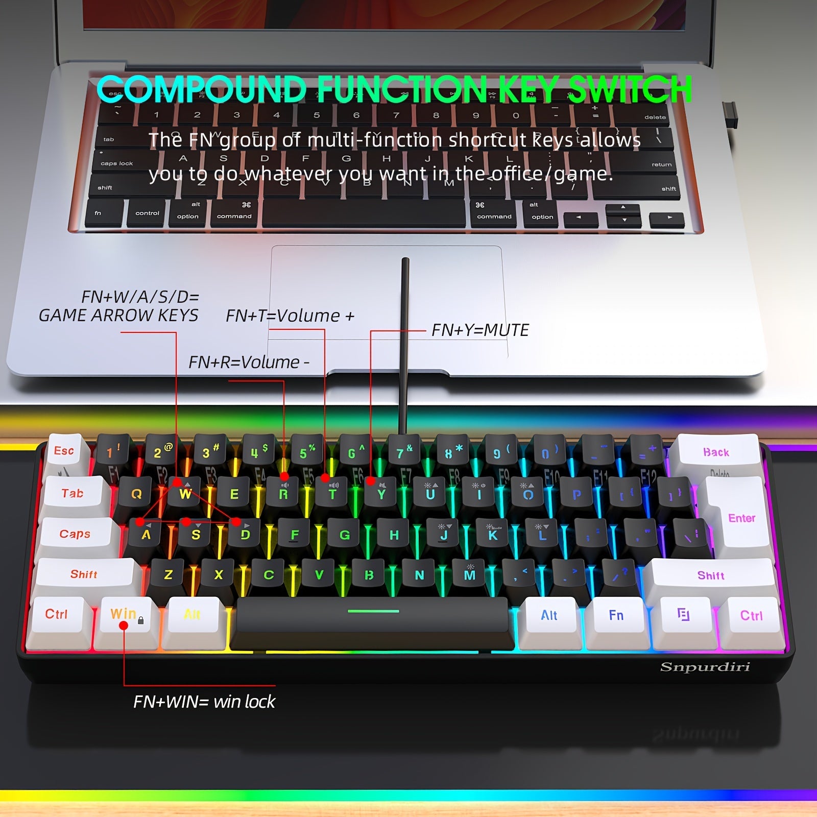Teclado de juegos RGB mini de 60% con 61 teclas retroiluminadas, con cable USB, para PC y Mac, escritura y juegos