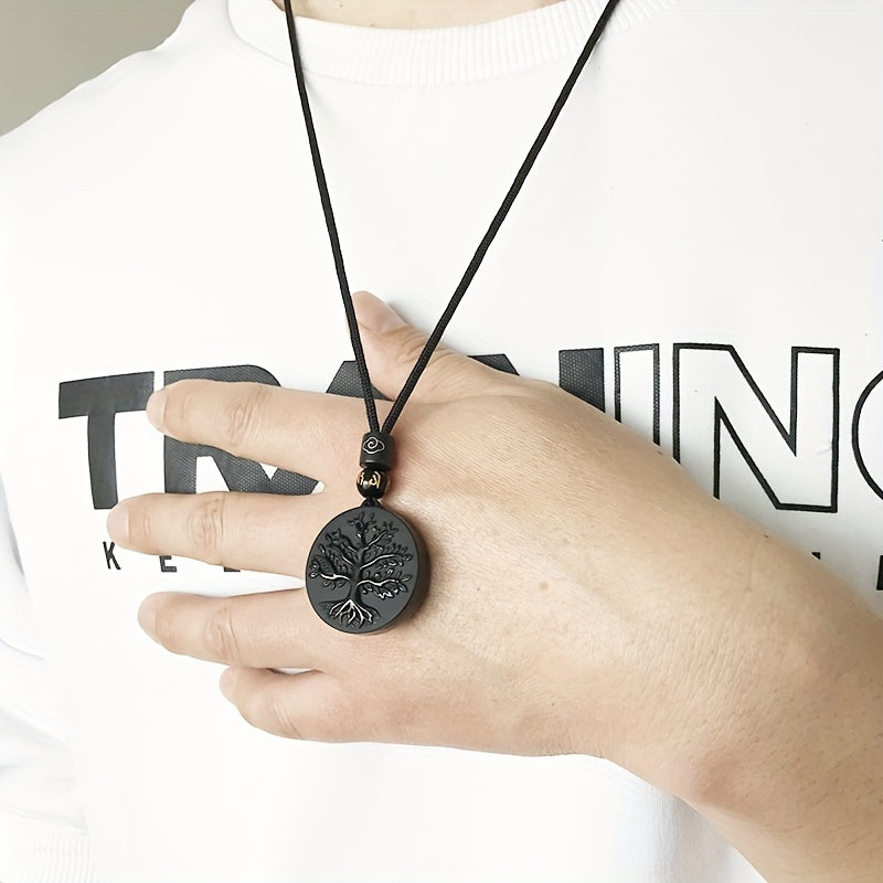 Men's Obsidian Life Tree Pendant Necklace Natural Black Stone Jewelry