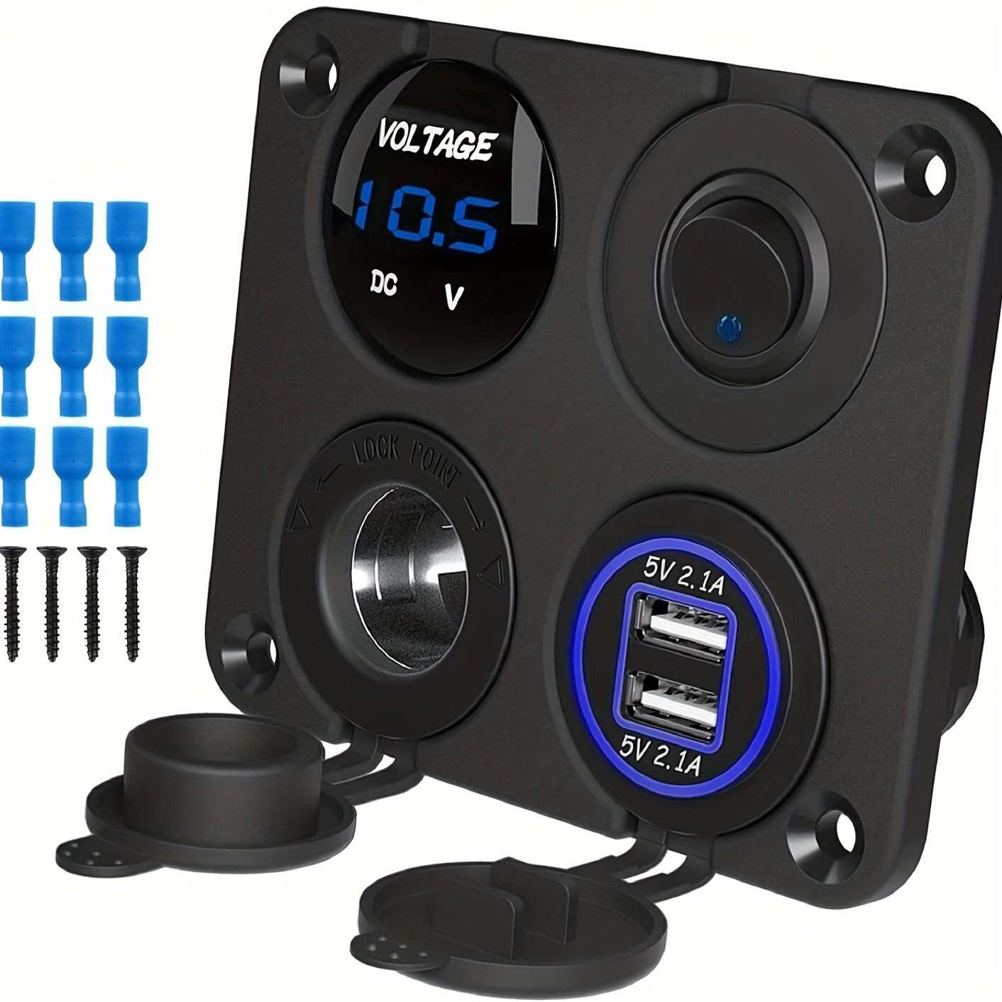 Dual USB Charger for 4-Gang 12V Outlets with LED Voltmeter and Wall Mount