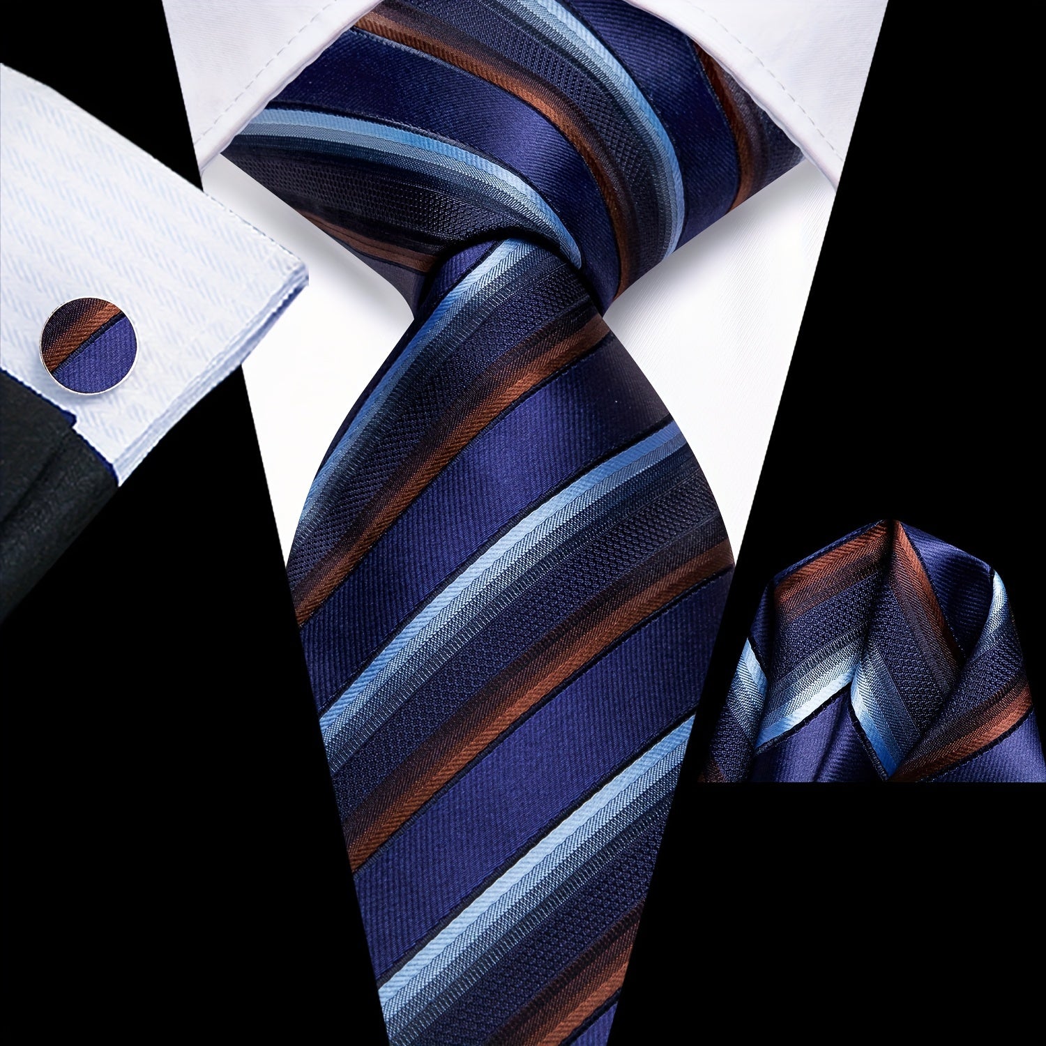 Men's Classic Striped Necktie Set with Cufflinks for Business and Party