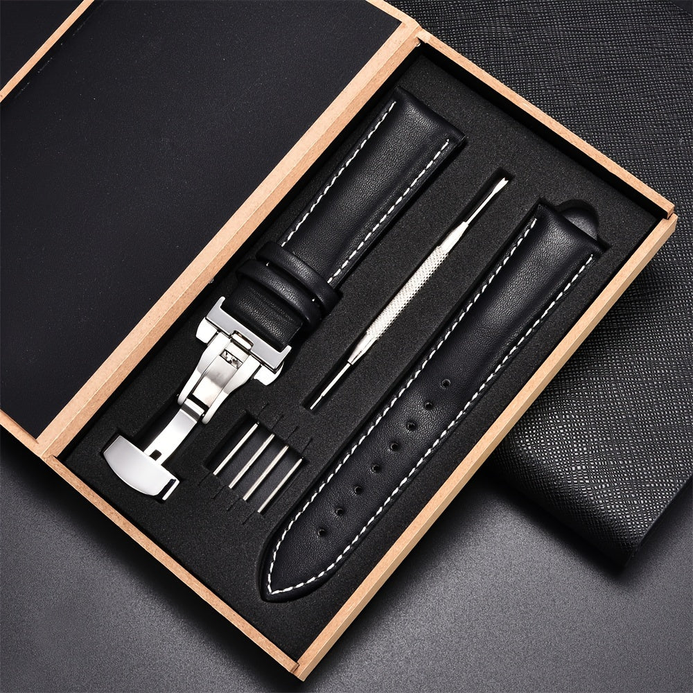 Men's Casual Watch Straps with Butterfly Clasp Soft PU Leather Bands 18mm 20mm 22mm 24mm Gift Box