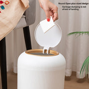 Large Capacity White and Gold Plastic Trash Can with Lid and Round Design