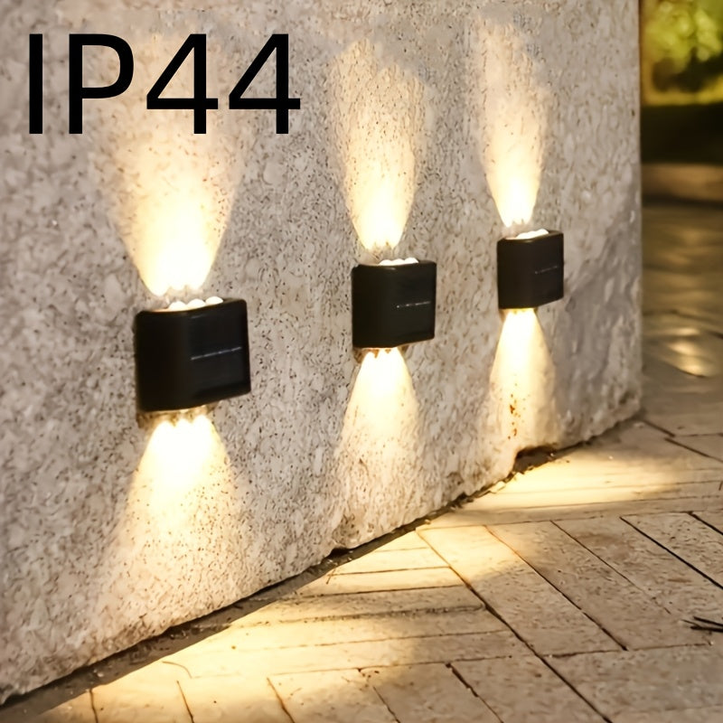 Lámparas solares de pared para exteriores, pack de 2, 6LED, doble color, cálido y frío, control de luz inteligente, jardín, patio, calle, paisaje