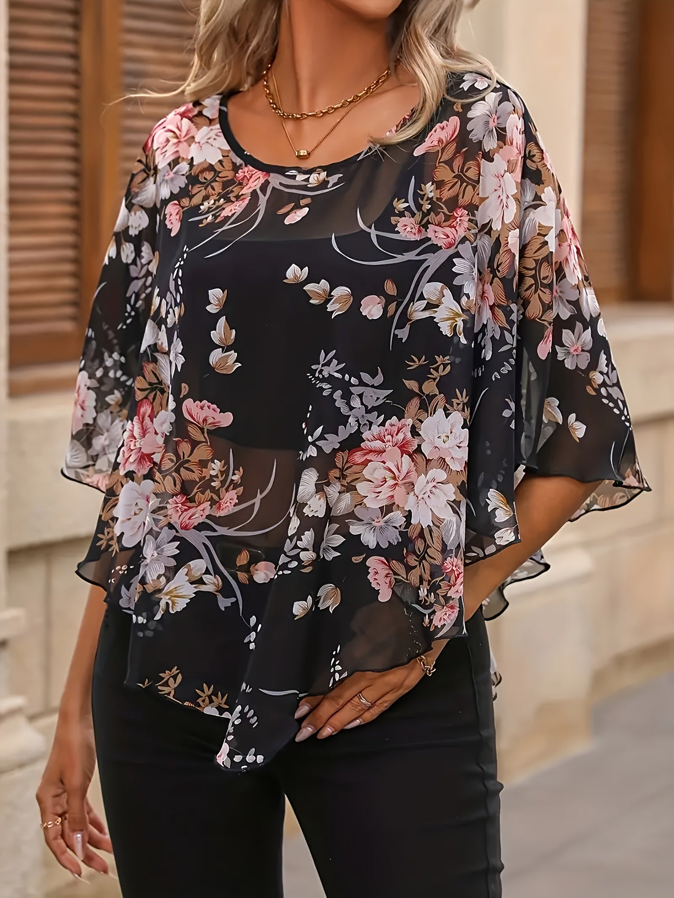 Women’s Floral Print Asymmetrical Hem Blouse Semi-Sheer Spring Summer Polyester
