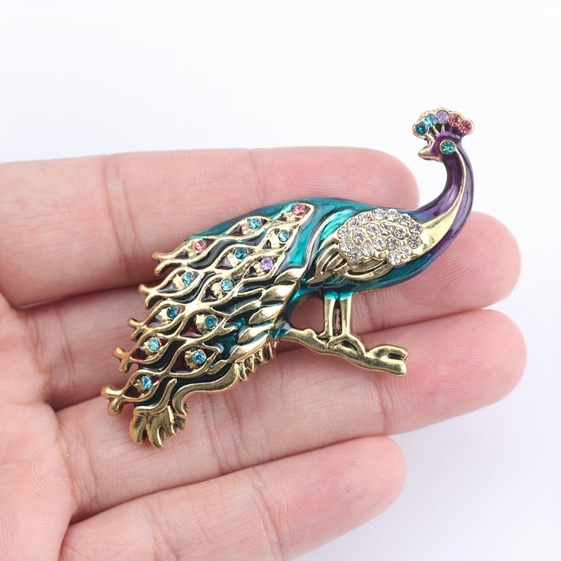 Vintage Peacock Brooch Pin with Colorful Rhinestones for Men and Women