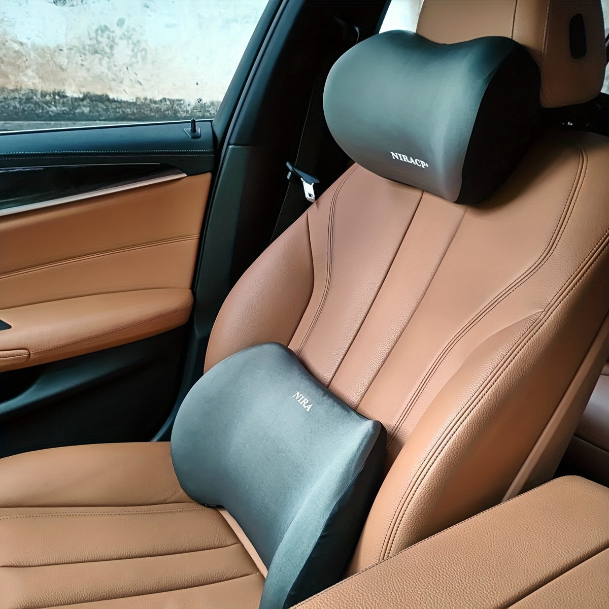 Ergonomic Memory Foam Car Headrest and Lumbar Pillow Set Black Adjustable Support