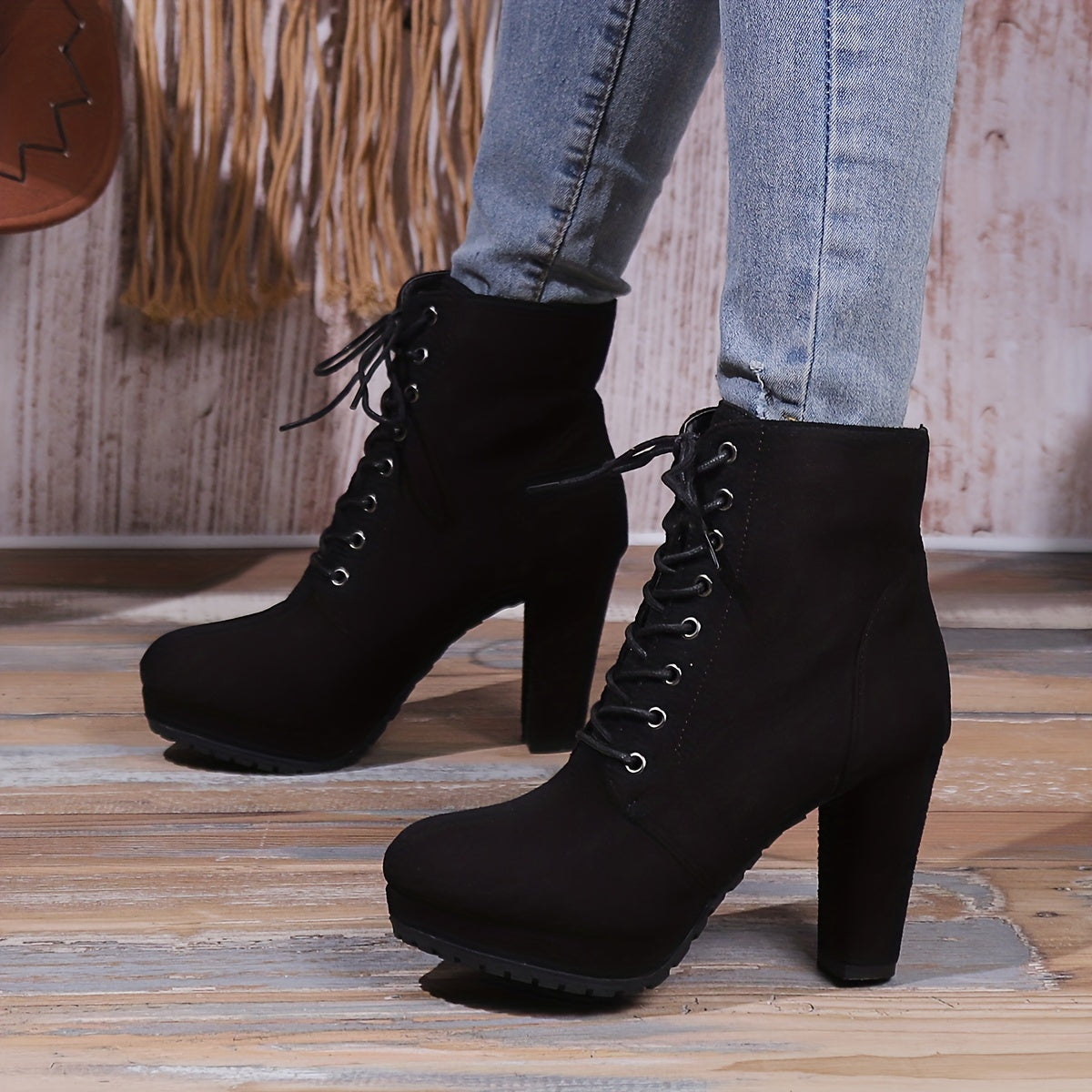 Women’s Combat Boots Fabric Lace-Up Chunky Heel Platform All-Season