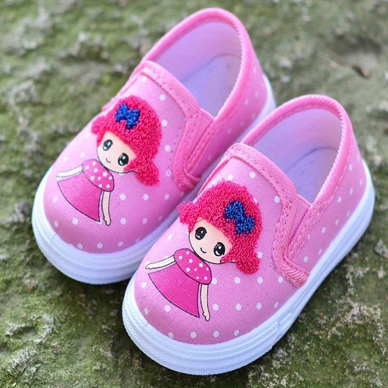 Girls' Pink Polka Dot Canvas Shoes with Cartoon Embroidery Breathable Lightweight for Spring and Fall