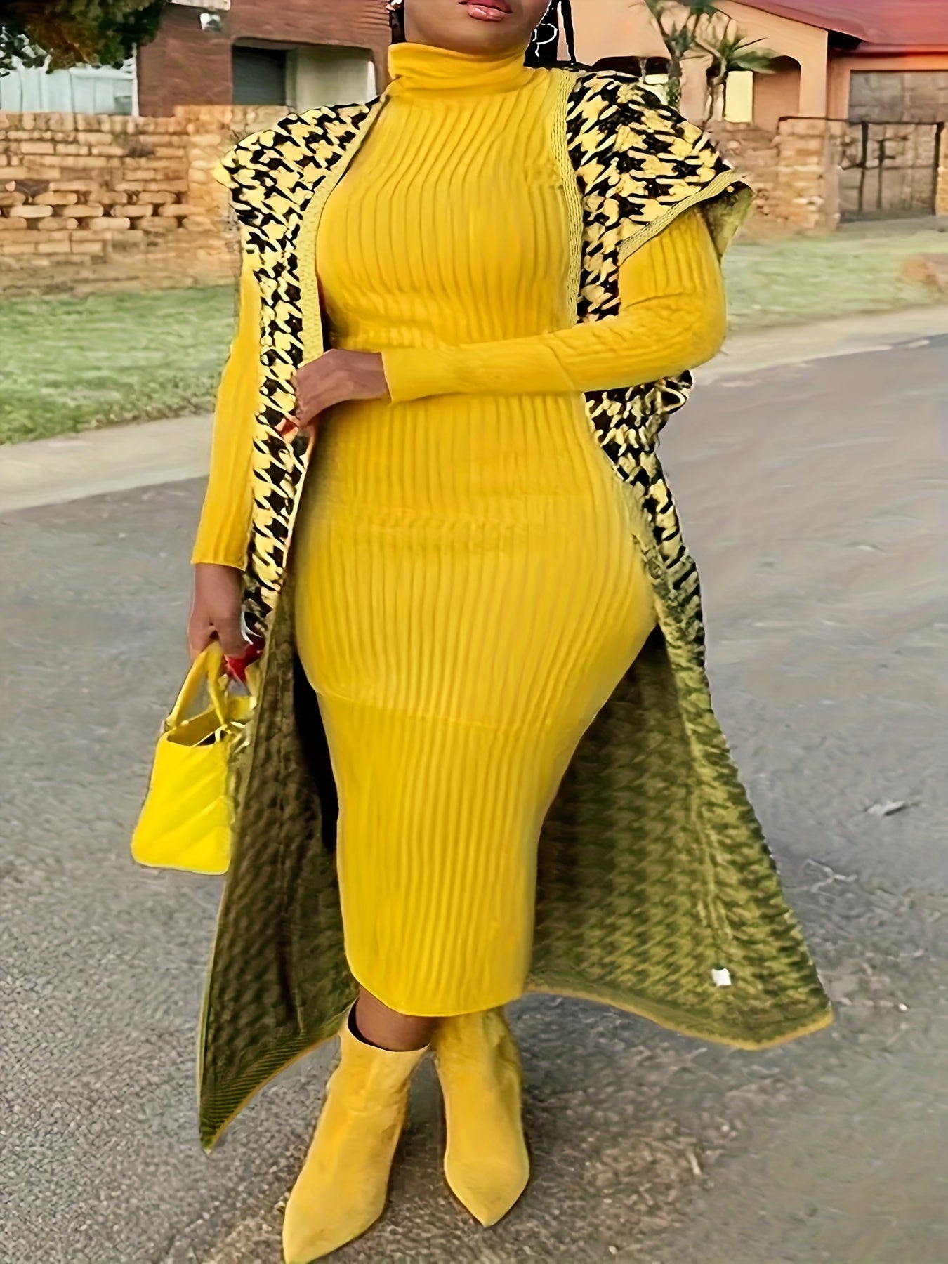 Plus Size Women's Houndstooth Color-Block Sleeveless Cardigan Casual Sweater