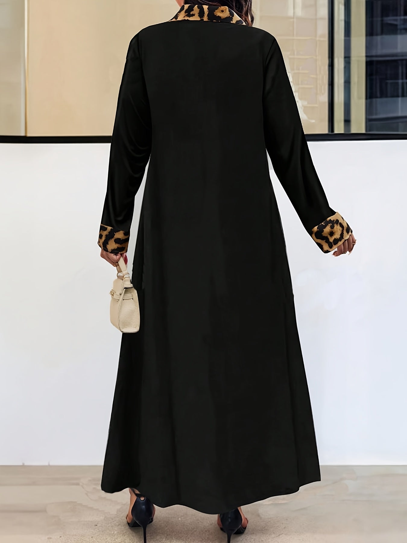 Plus-Size Leopard Print Dress with Collar Long Sleeves and Elegant Skirt for Spring and Autumn