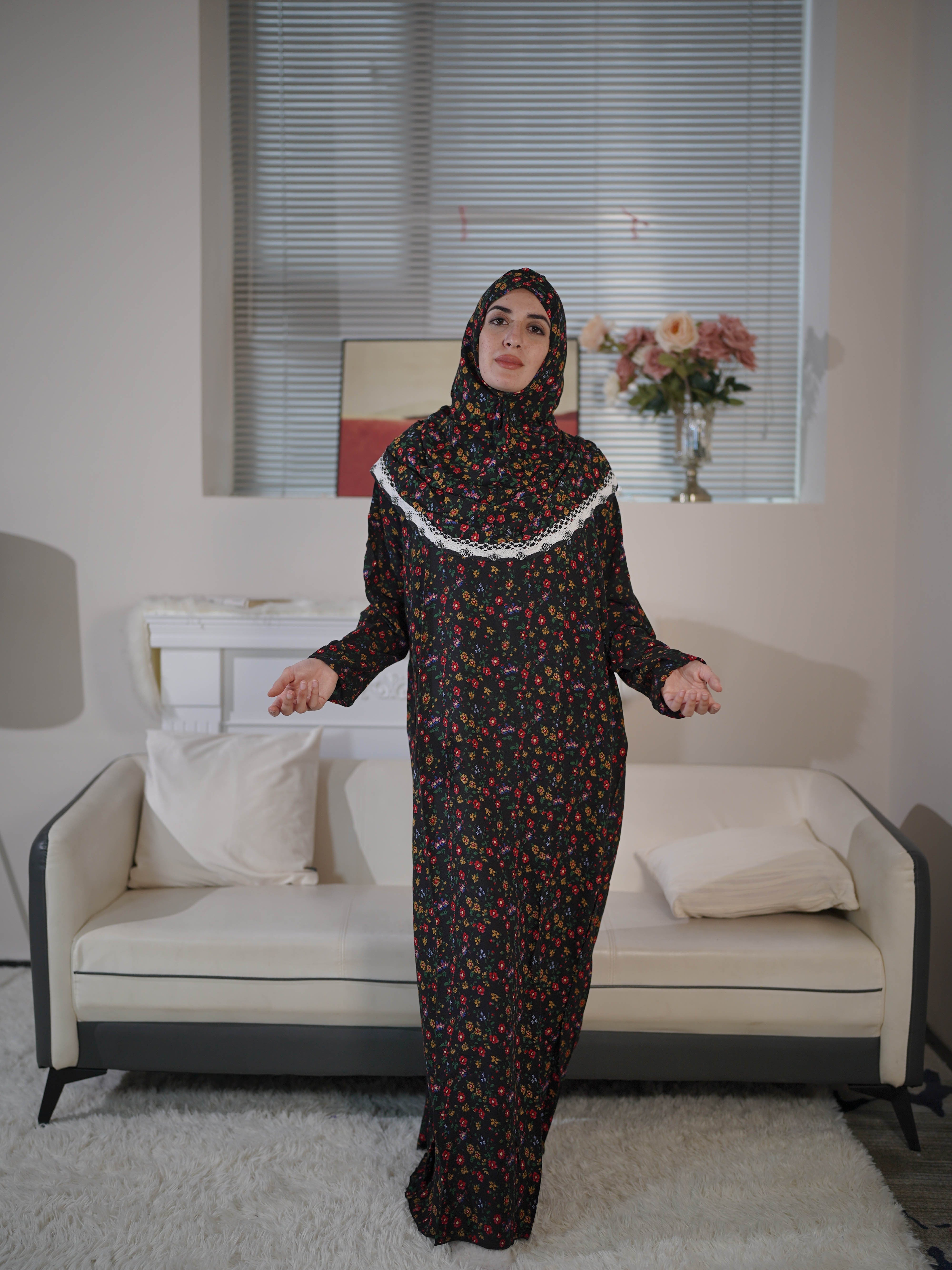 Women's Abaya Dress Rayon Floral Print Hooded Islamic Prayer Modest Wear