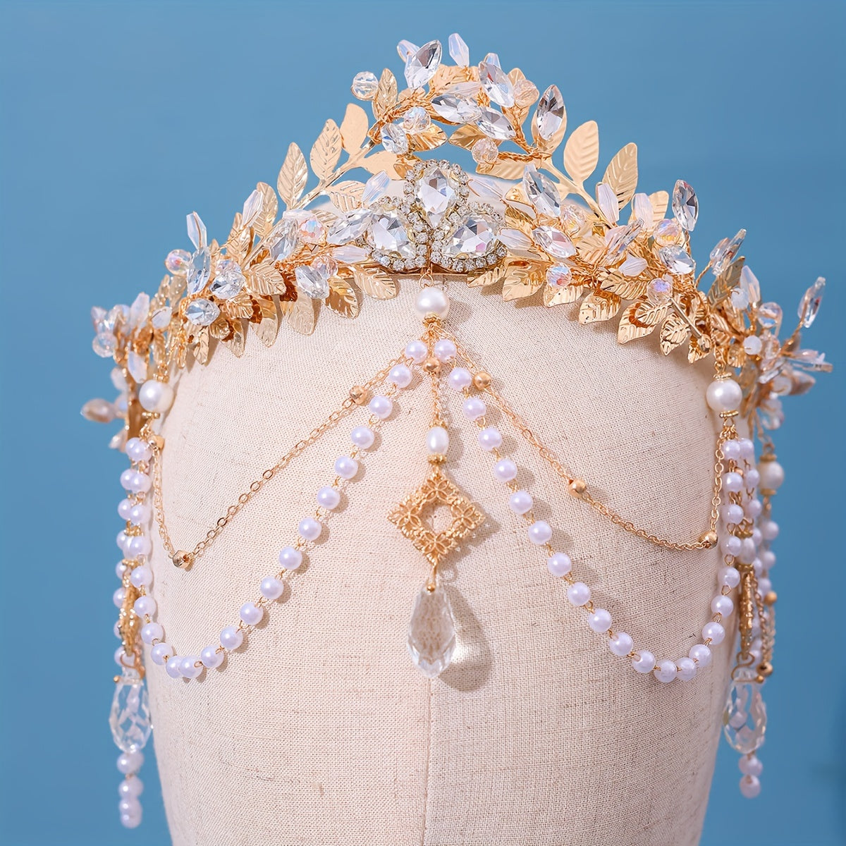 Handmade Rhinestone Crown with Beads and Faux Pearl Pendant for Wedding Hair Accessories