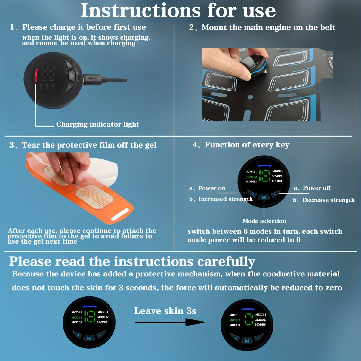 Uydagi fitnes uchun uch qismli USB zaryadlanadigan massaj kamar to'plami, Tens qorin mushaklarini o'rgatish moslamasi va EMS mushaklarni o'rgatish kamarini o'z ichiga oladi. To'liq tana mushaklari uchun 6 rejim va 18 intensivlik darajasini taklif etadi.