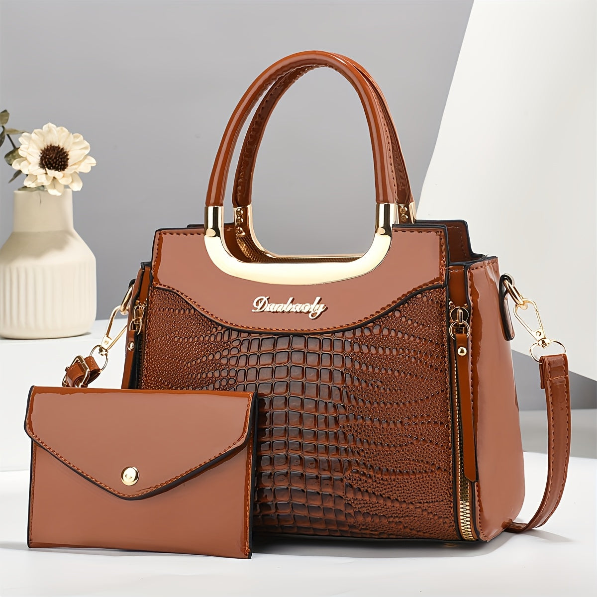 Faux Leather Animal Print Shoulder Bag with Matching Wallet Removable Strap Zipper Closure