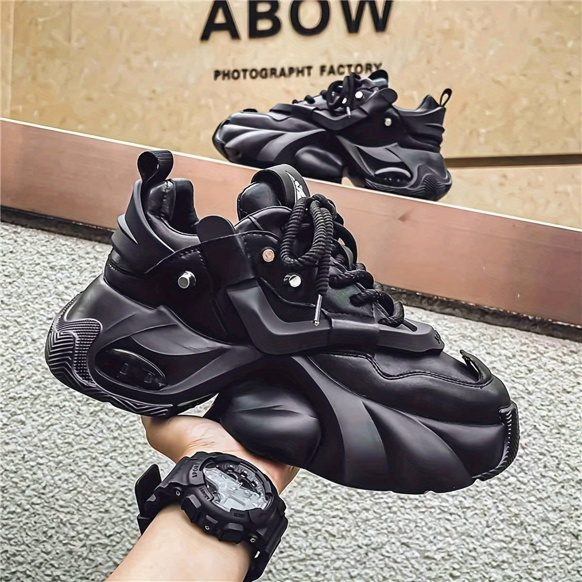Men's Black Chunky Sneakers with Braided Laces Rubber Sole EVA Insole Casual Athletic