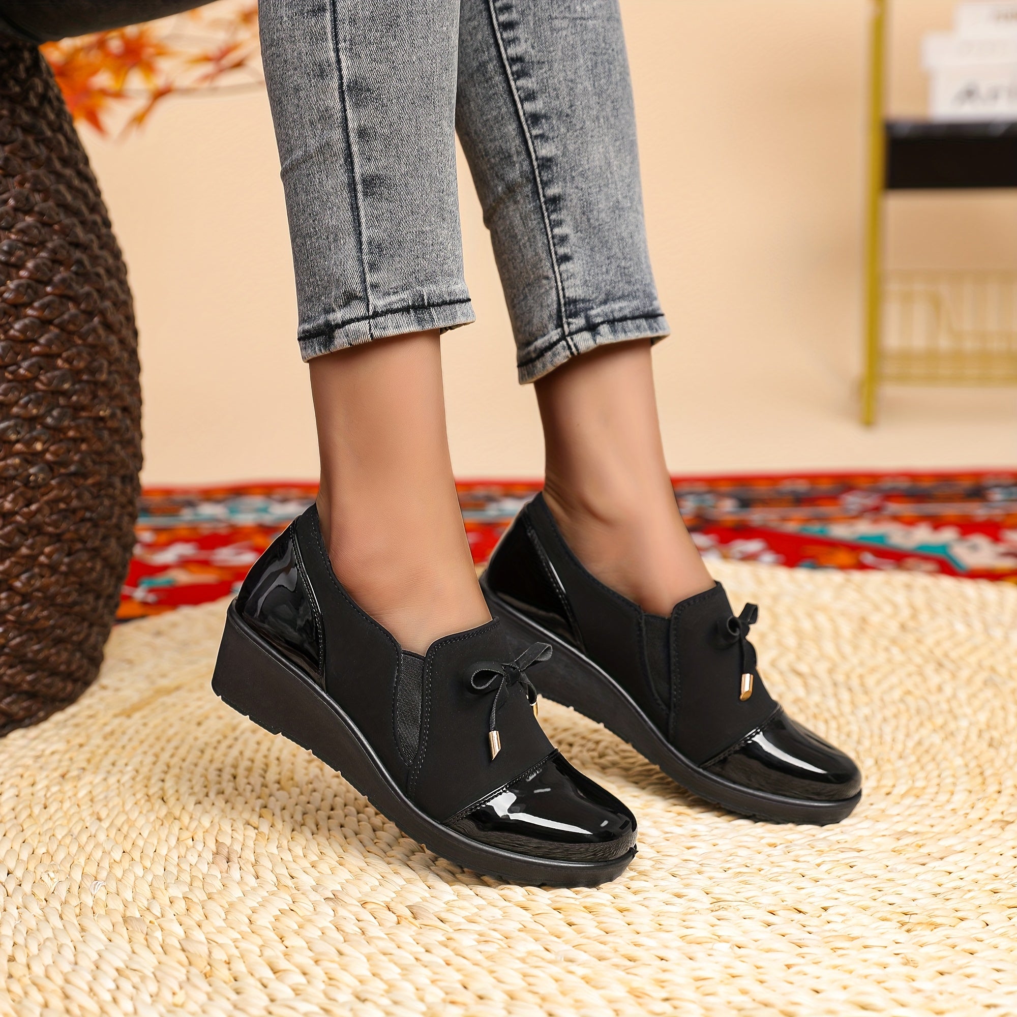 Women's Slip-On Loafers Black Synthetic Casual Shoes All-Season Comfort