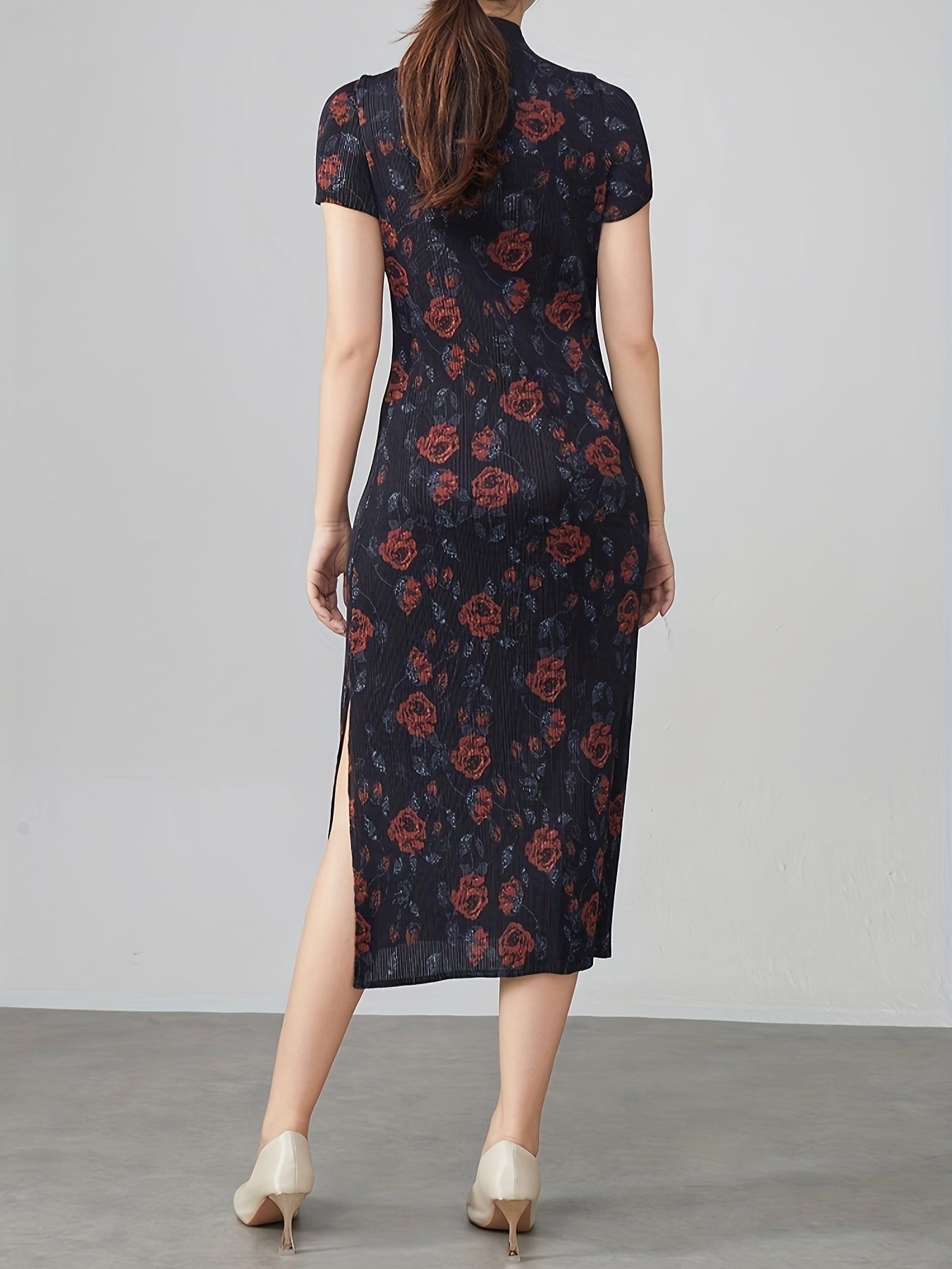 Plus Size Floral Print Qipao Dress Short Sleeve High Stretch Loose Fit Evening Wear