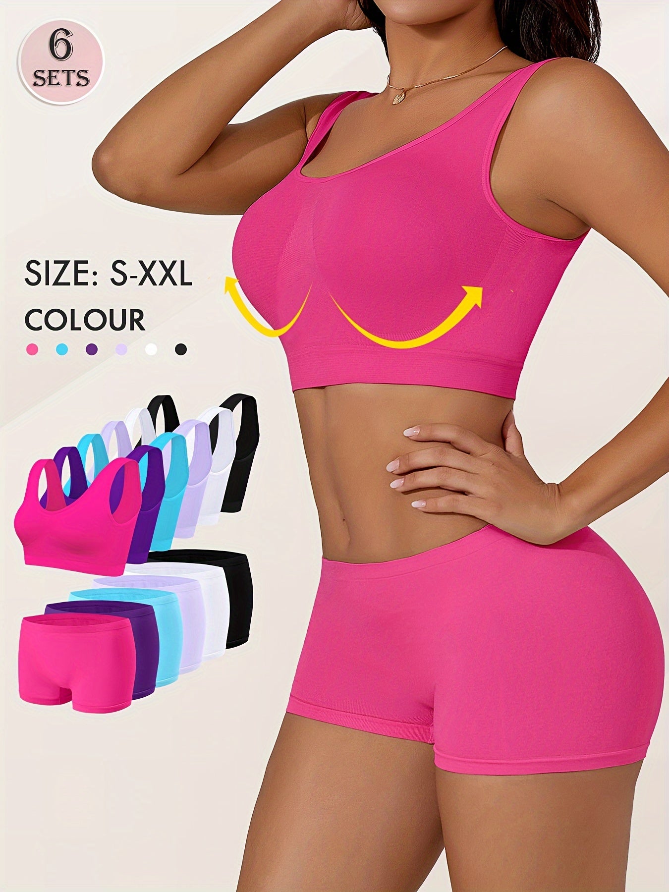 Комплект из 6 спортивных лифчиков для женщин больших размеров с высокой поддержкой и полной защитой в ярких цветах. Изготовлены из дышащей смеси нейлона и эластана, идеально подходят для активного образа жизни.