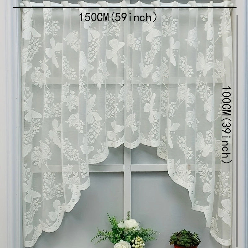 White Lace Butterfly Floral Curtain UV Protection Rod Pocket for Kitchen Living Room