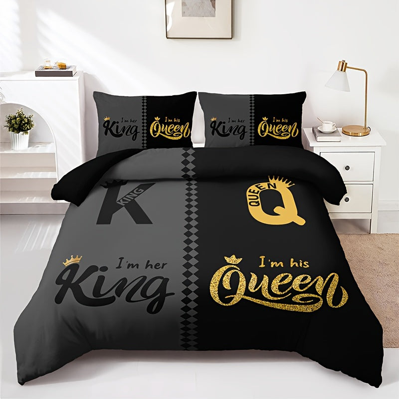 Black and Grey Duvet Cover Set with Crown Lettering Design Includes 1 Duvet Cover and 2 Pillowcases