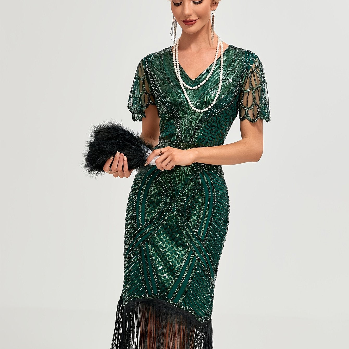 Women's Sequin V-Neck Midi Dress with Tassels and Embroidery