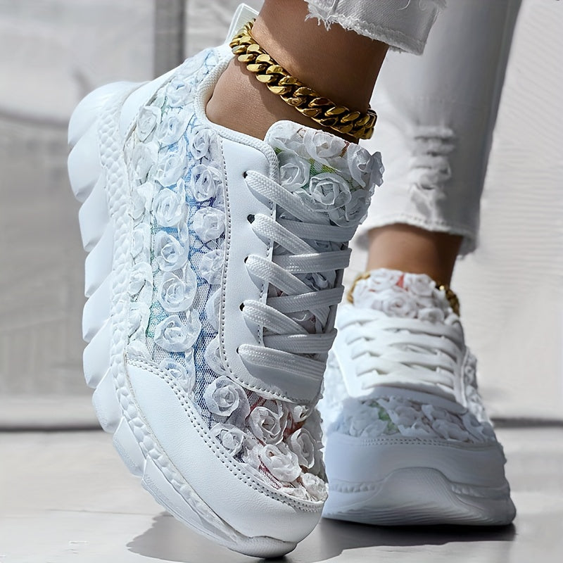 Ayollar uchun 3D Rose Lace-Up kundalik sport poyafzallari yengil, qulay oyoq kiyim