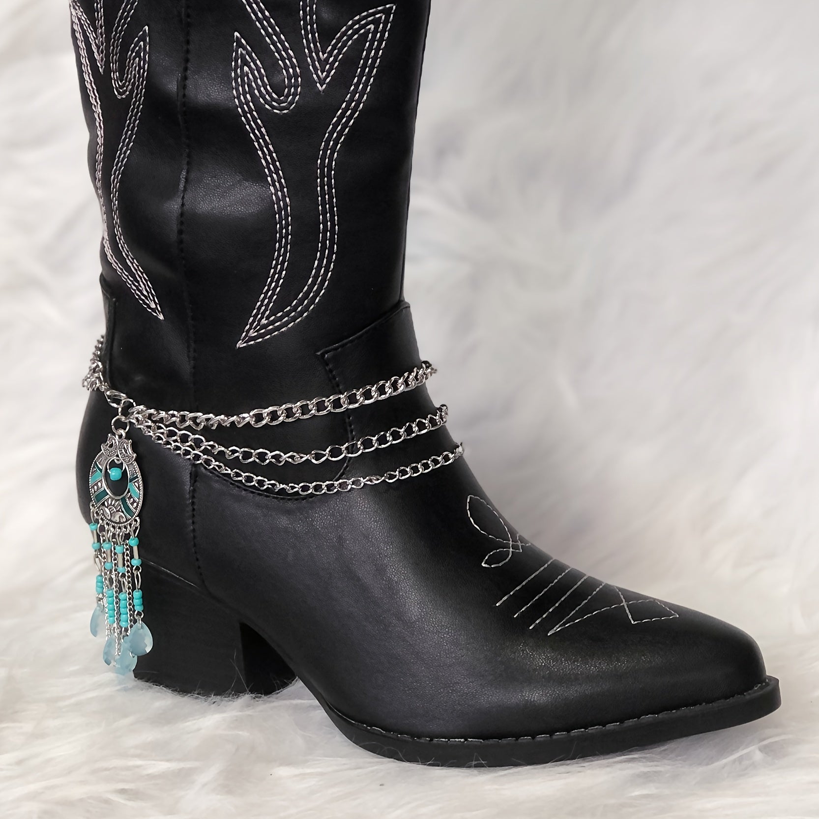 Women Western Boot Chain with Turquoise Beads and Tassel Pendant