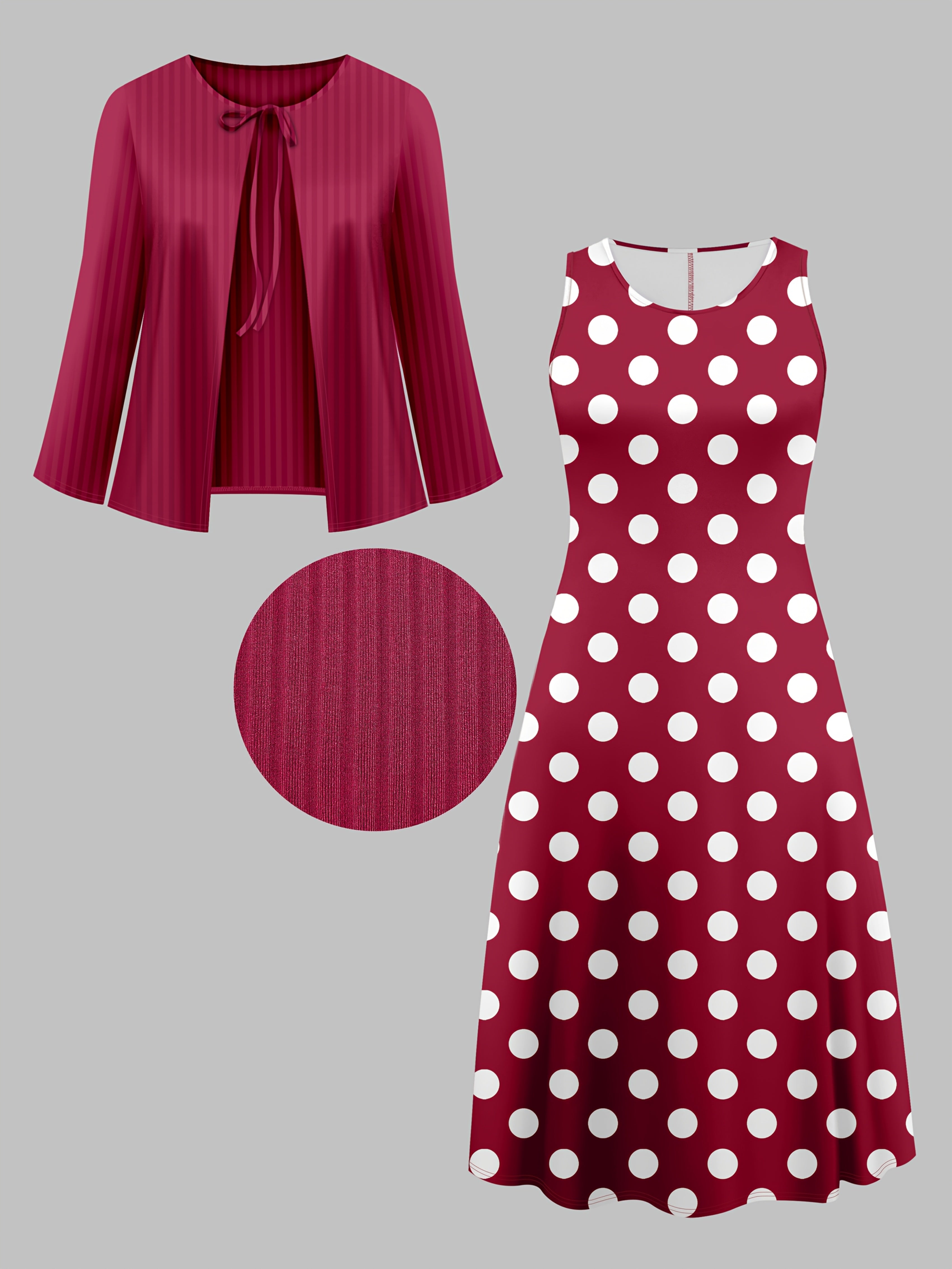 Plus-Size Green Polka Dot Midi Dress with Solid Cardigan Polyester Blend