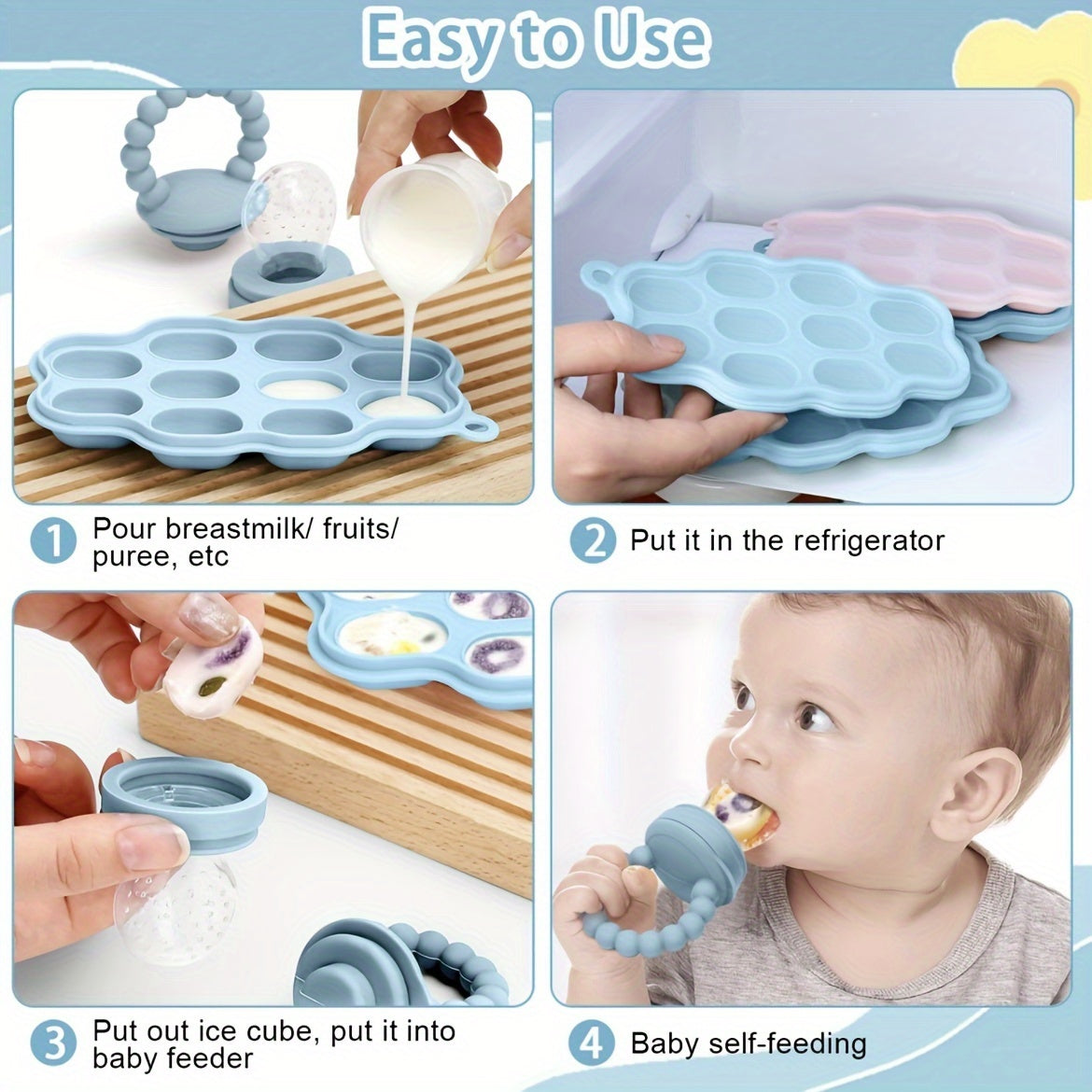 Bandeja de almacenamiento de comida para bebé de silicona con alimentador de fruta y bolsas