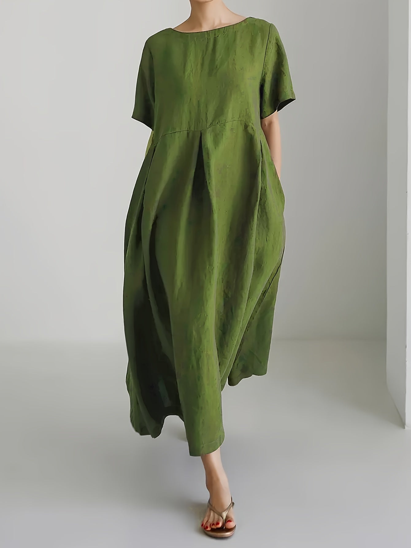 Plus Size Linen Dress for Women Solid Color Short Sleeve Casual Spring Summer