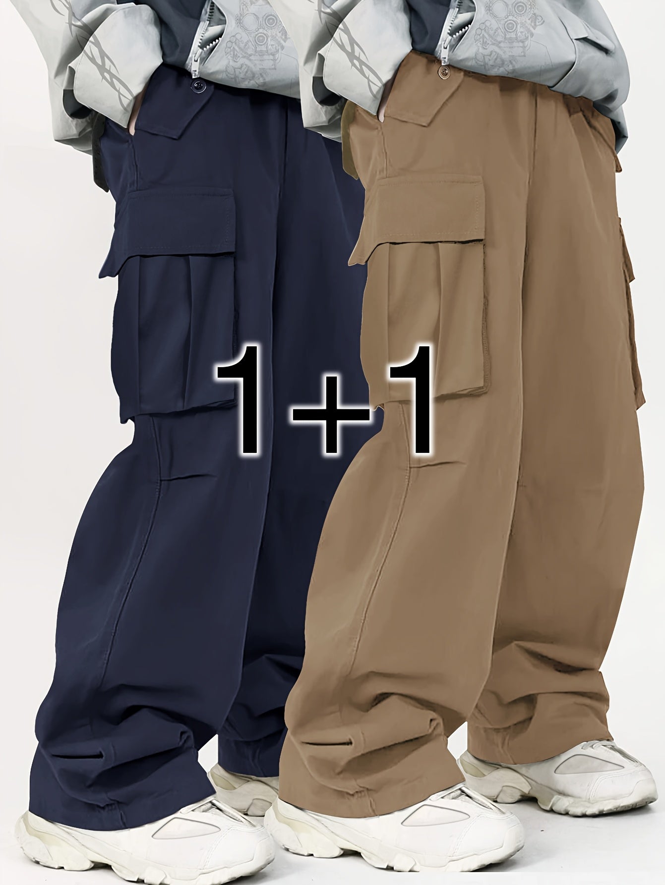 Men's Cargo Pants Loose Fit Solid Color Polyester with Flap Pockets