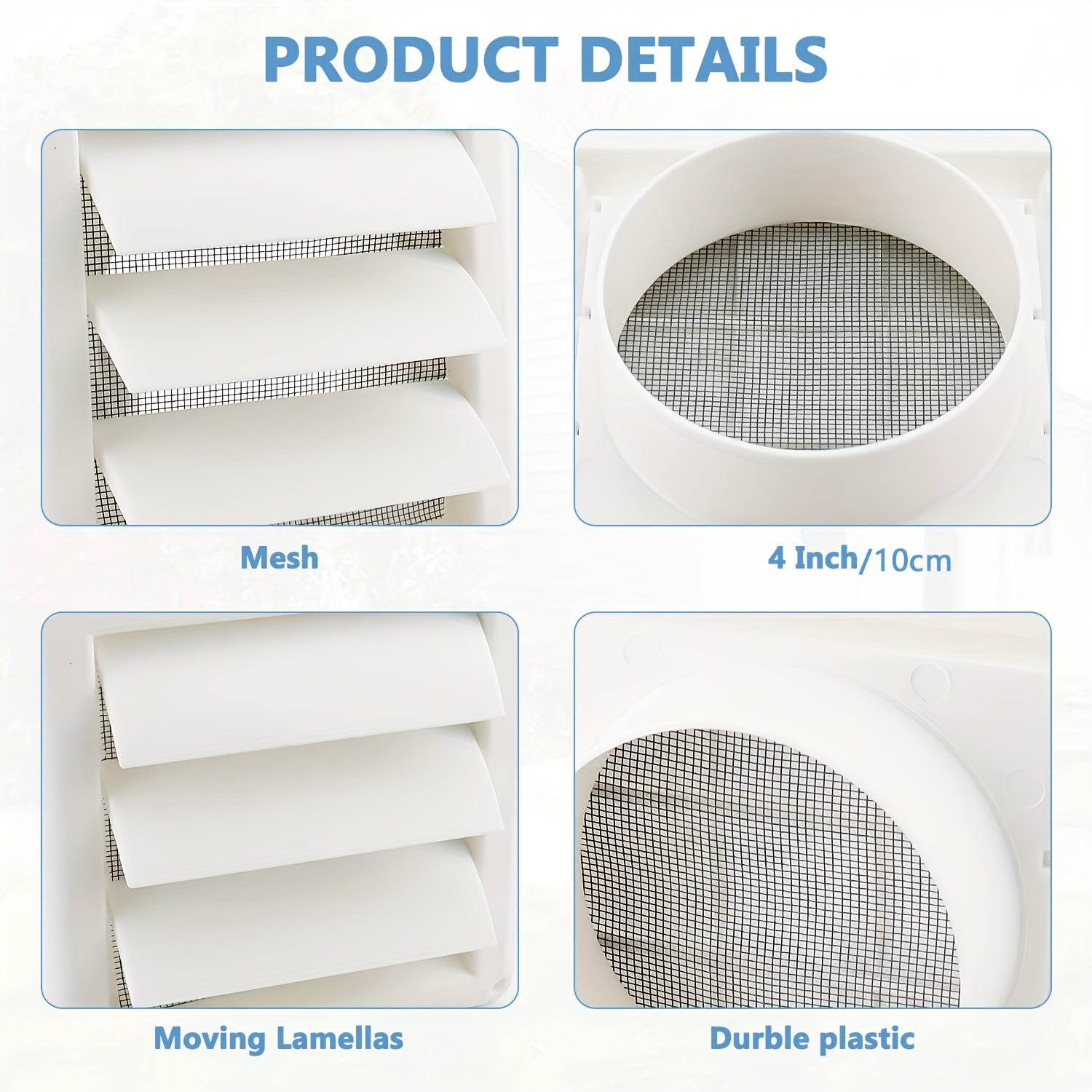 White Dryer Vent Cover with Screen for Exterior Wall Vent Hood Outlet 10.16cm x 15.24cm