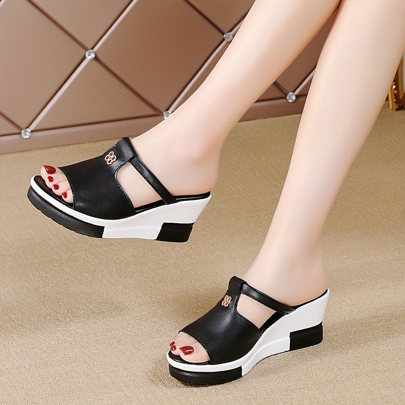 Women's Wedge Sandals with Cut-Out Peep Toe Slip-On Platform for Casual Summer