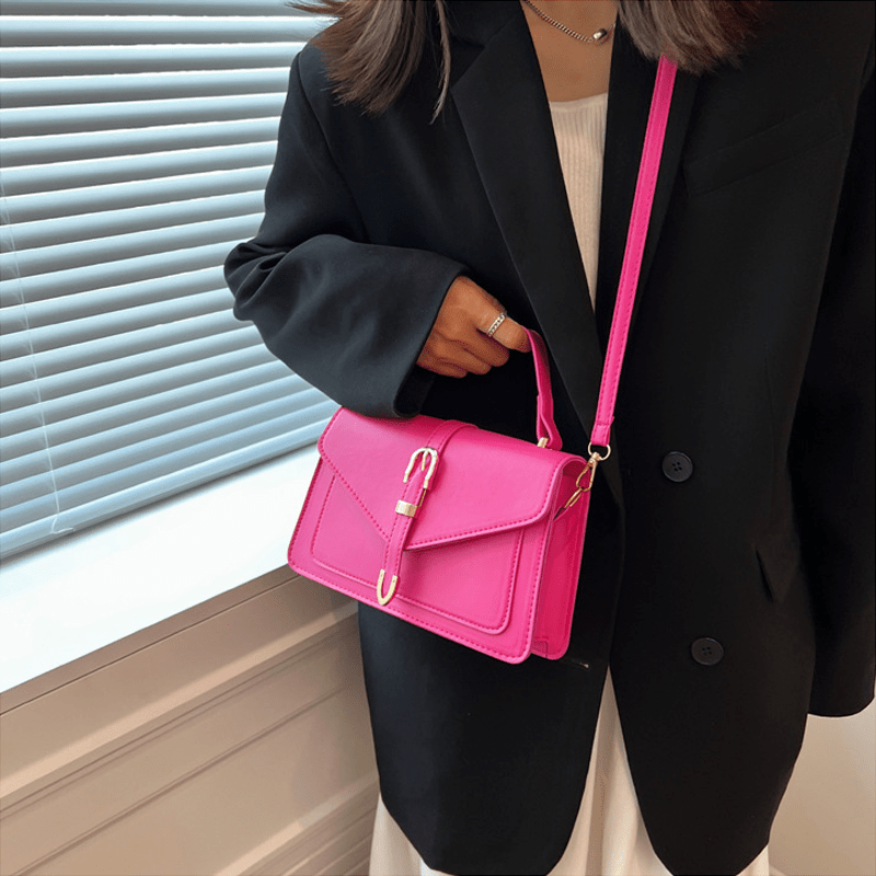 White PU Crossbody Bag with Buckle Closure and Metallic Accents for Women