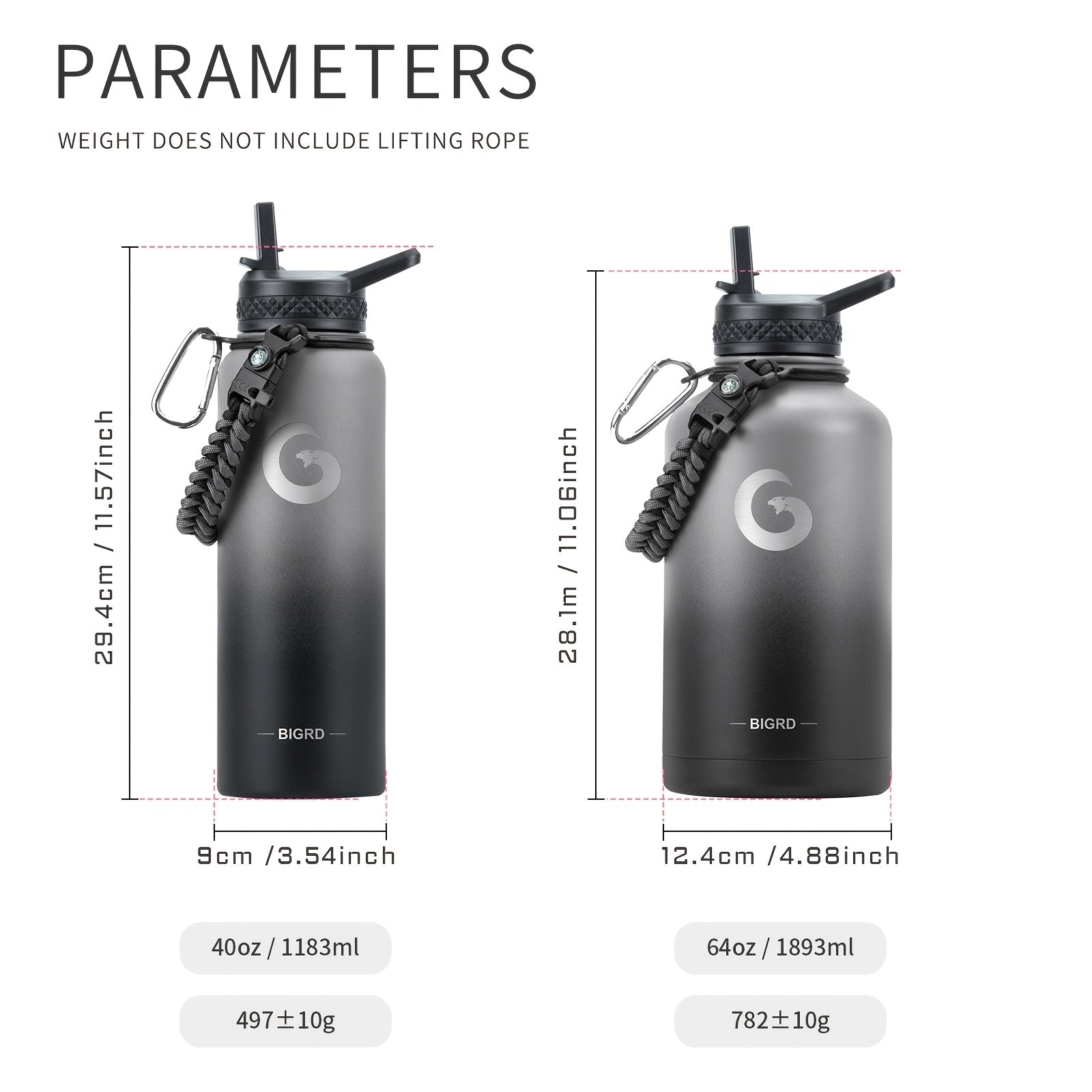 Insulated Water Bottle 40oz/1183ml or 64oz/1893ml Stainless Steel Vacuum with Paracord Handle and Straw Spout