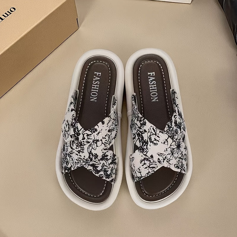 Ayollar uchun gullar bilan bosilgan slip-on sandallar qora va oq, barcha mavsumlar uchun EVA