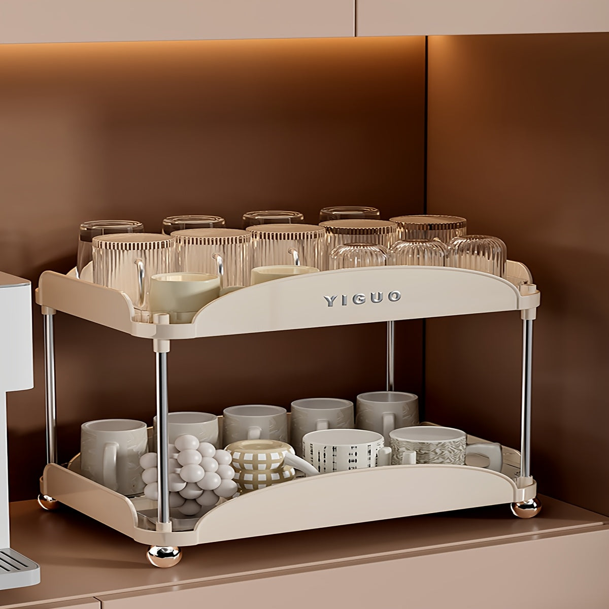 YIGUO Qopqoqsiz Ikki Qavatli Oshxona Tashkiliy Raqami - Chashkalar, Kofe Qoplari, Kofe Podlari uchun - Ochiq Saqlash Dizayni, Ko'p Maqsadli, Assembling Kerak Emas, Stol va Sirt Ko'rsatish Polka Kiritilgan