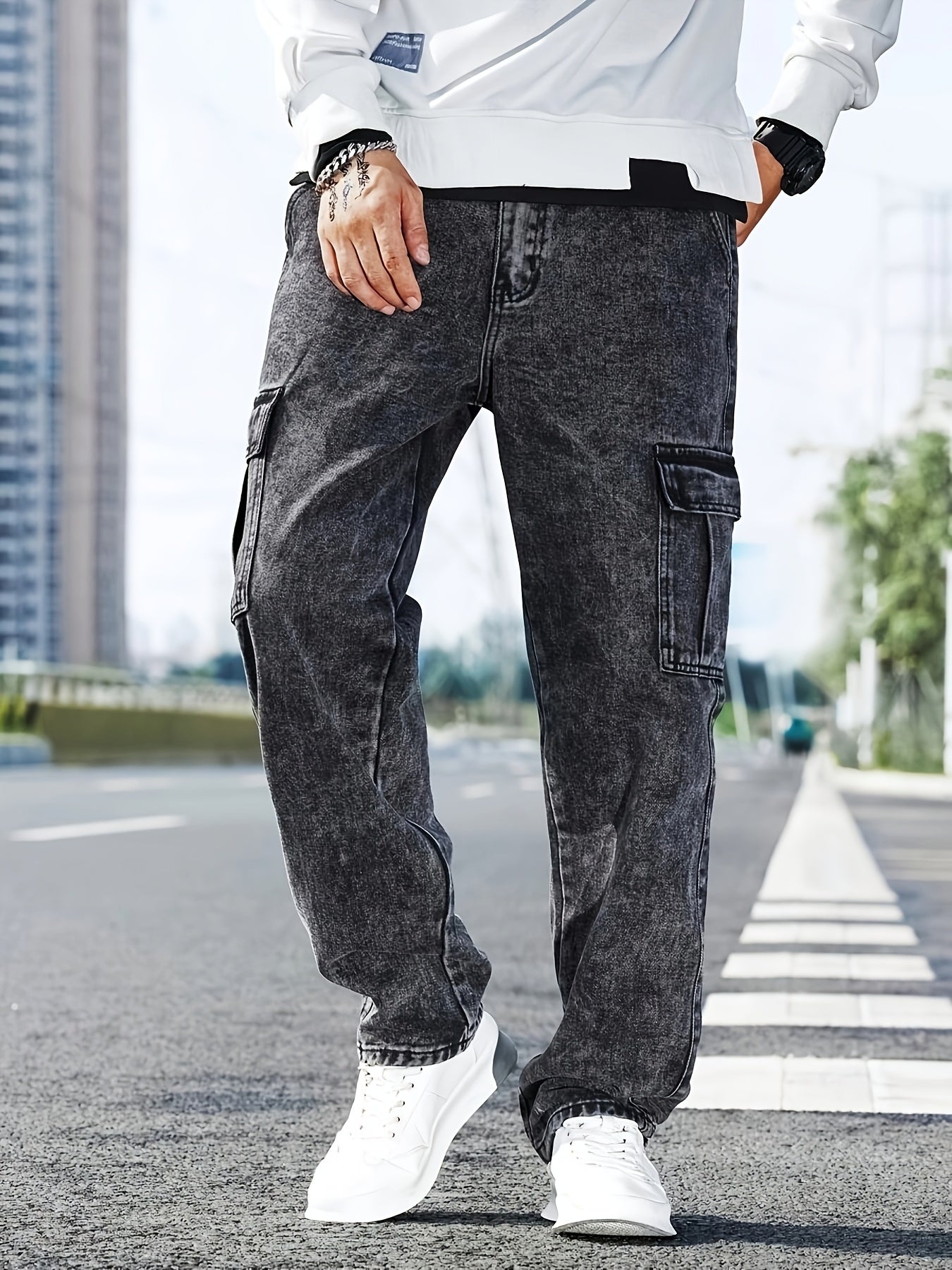 Men's Cargo Jeans Casual Loose Fit with Flap Pockets Durable Cotton Blend All-Season Blue Denim