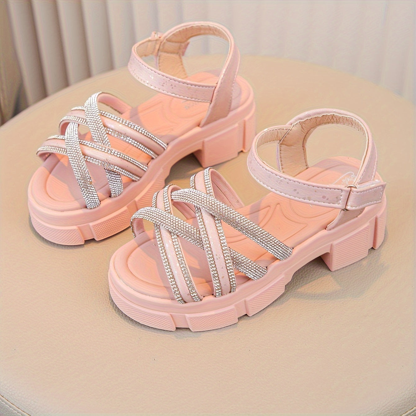 Girls Pink Sparkle Princess Sandals with Rhinestones High Heel Casual Summer