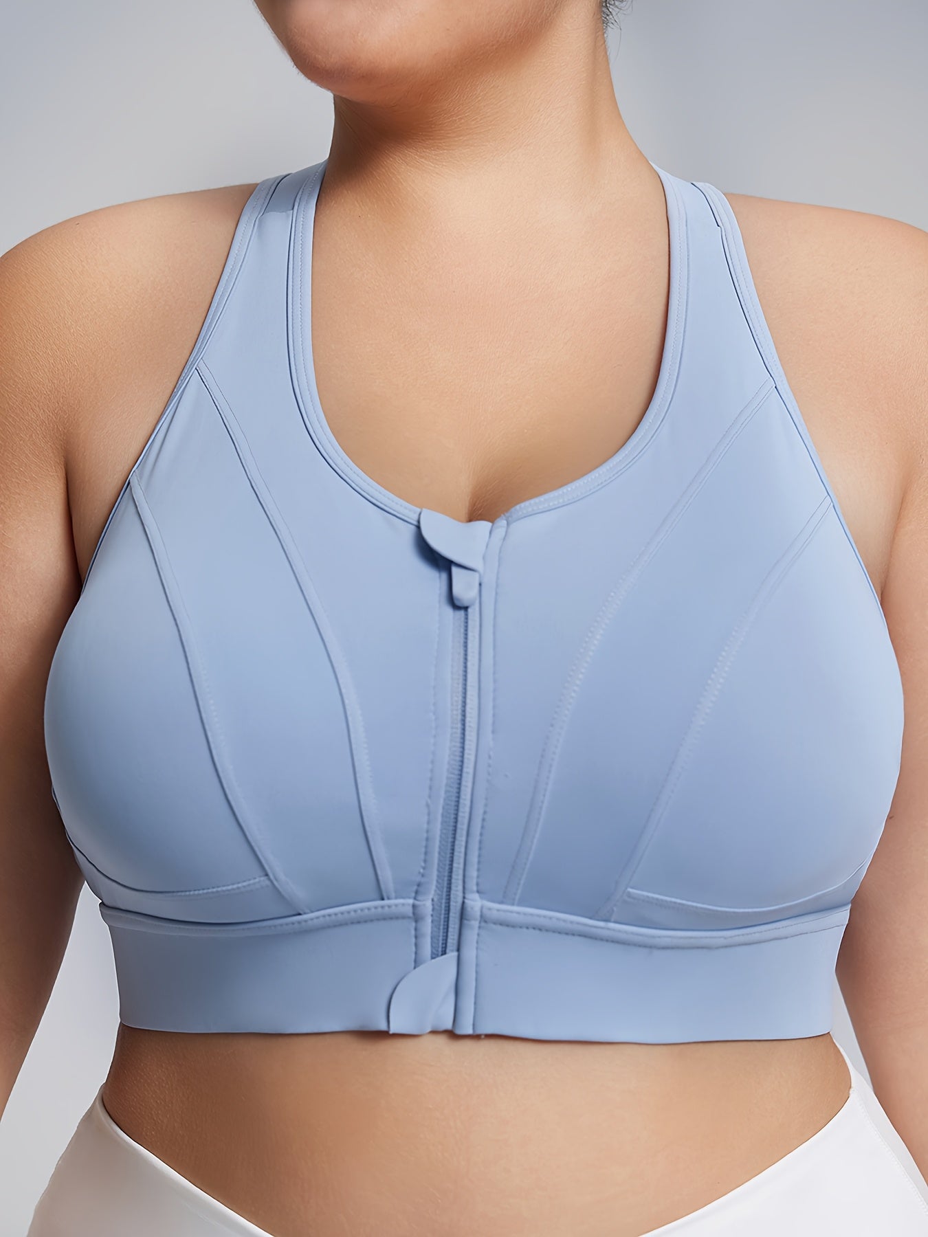 Women’s High Support Sports Bra with Front Zipper Light Blue for Running Yoga
