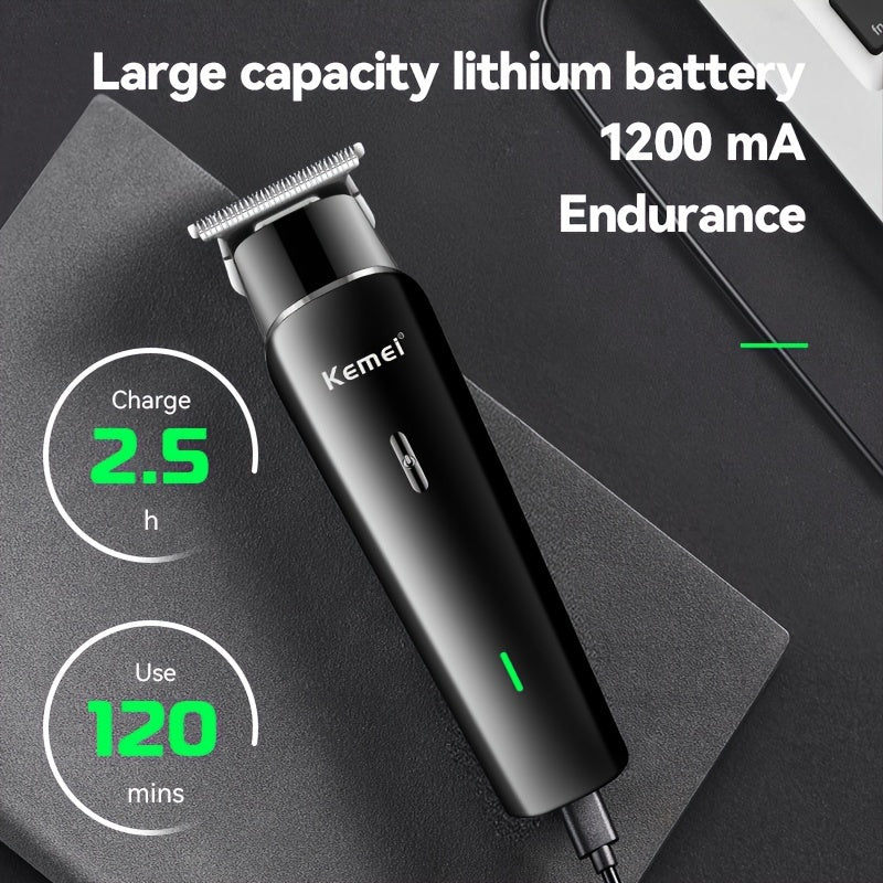 Kemei KM-1115 USB qayta zaryadlanadigan soch kesgich, 1200mAh batareyaga ega, uy va salon foydalanishi uchun mos, past voltajda ishlash va portativ dizaynga ega.