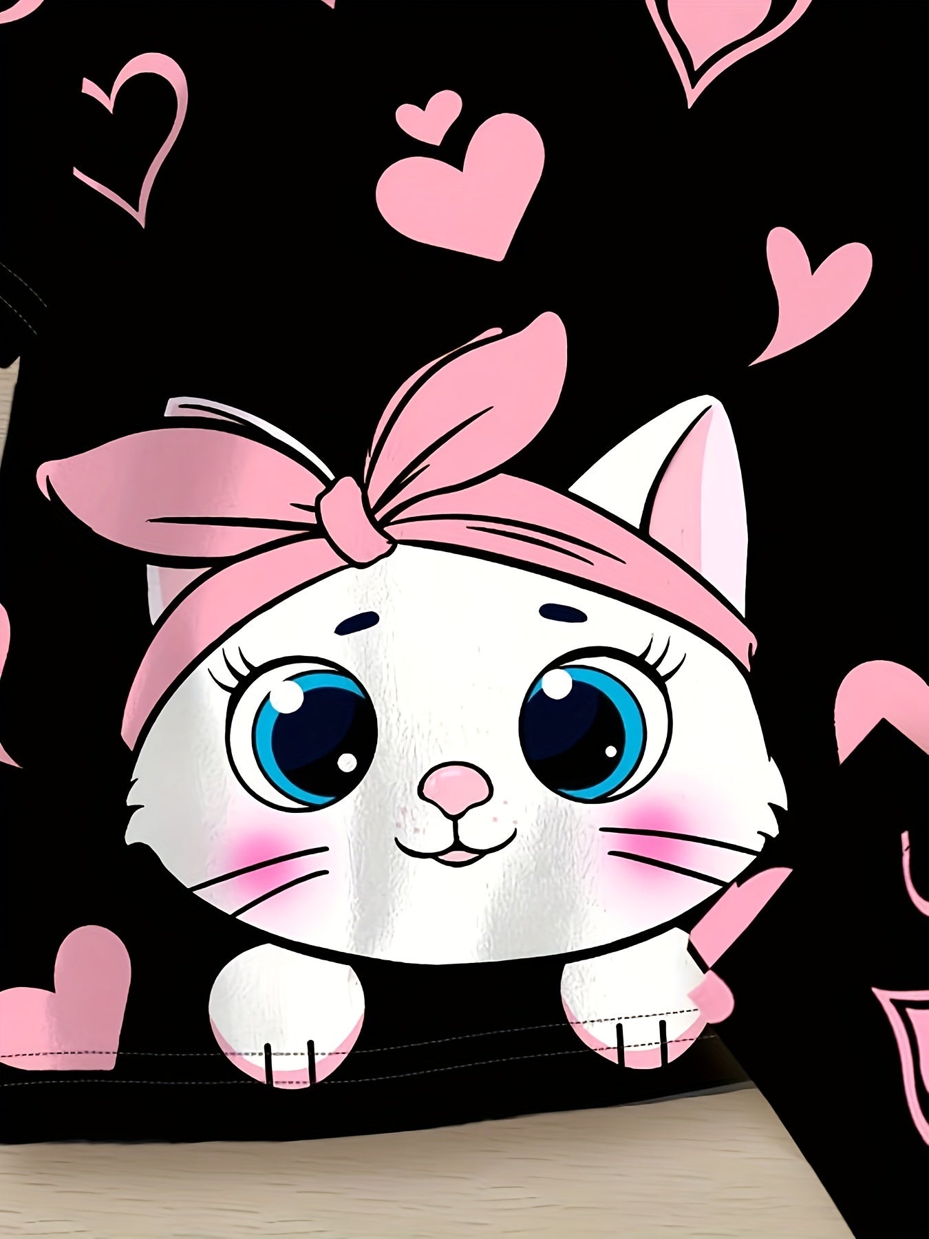 2-Piece Cartoon Cat and Heart Print Casual Outfit Set for Kids Autumn Polyester Knit