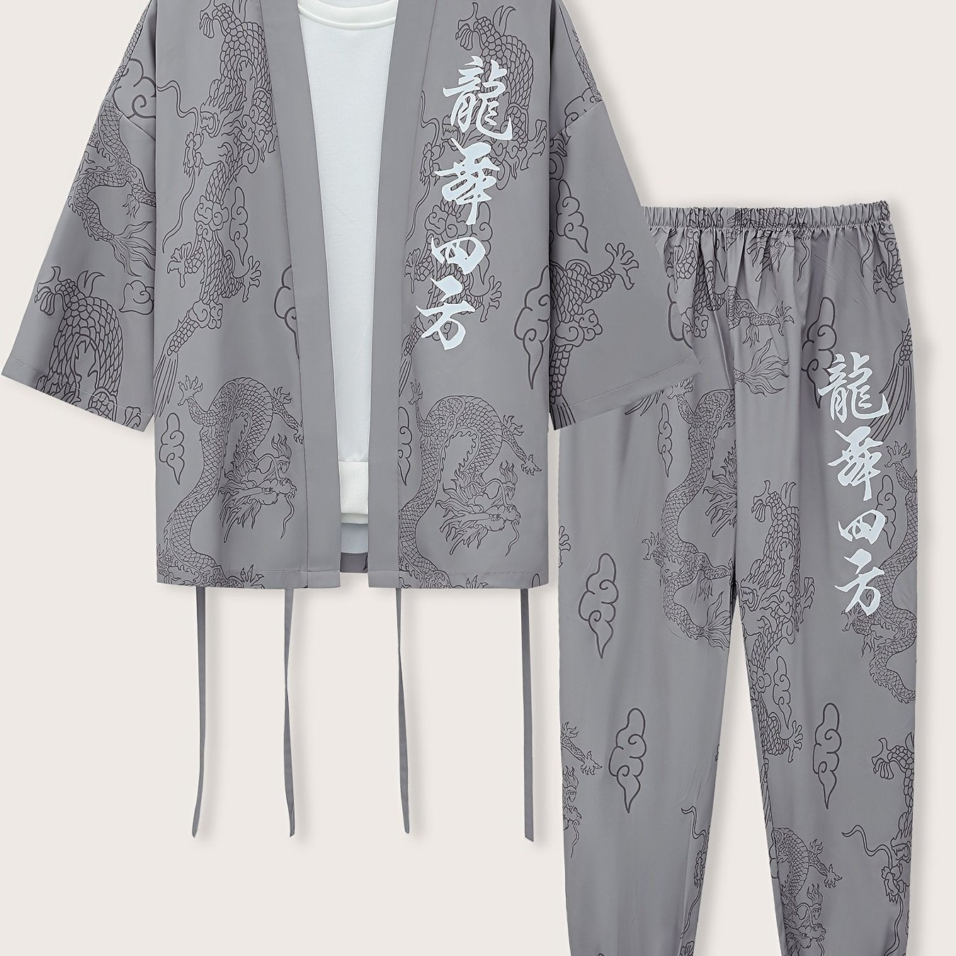 Men's Dragon Print Pajama Set Breathable Polyester Japanese-Inspired Casual Loungewear