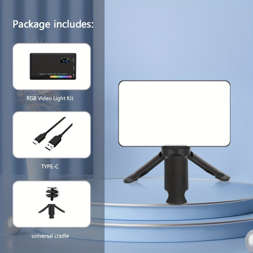 Portativ RGB video yoritgichi yuqori CRI (>95), sozlanadigan rang harorati (2500-9000K), ichki zaryadlanadigan batareya, tripod stendi, OLED displey va turli xil uchun sozlanadigan rang/yorqinlik.